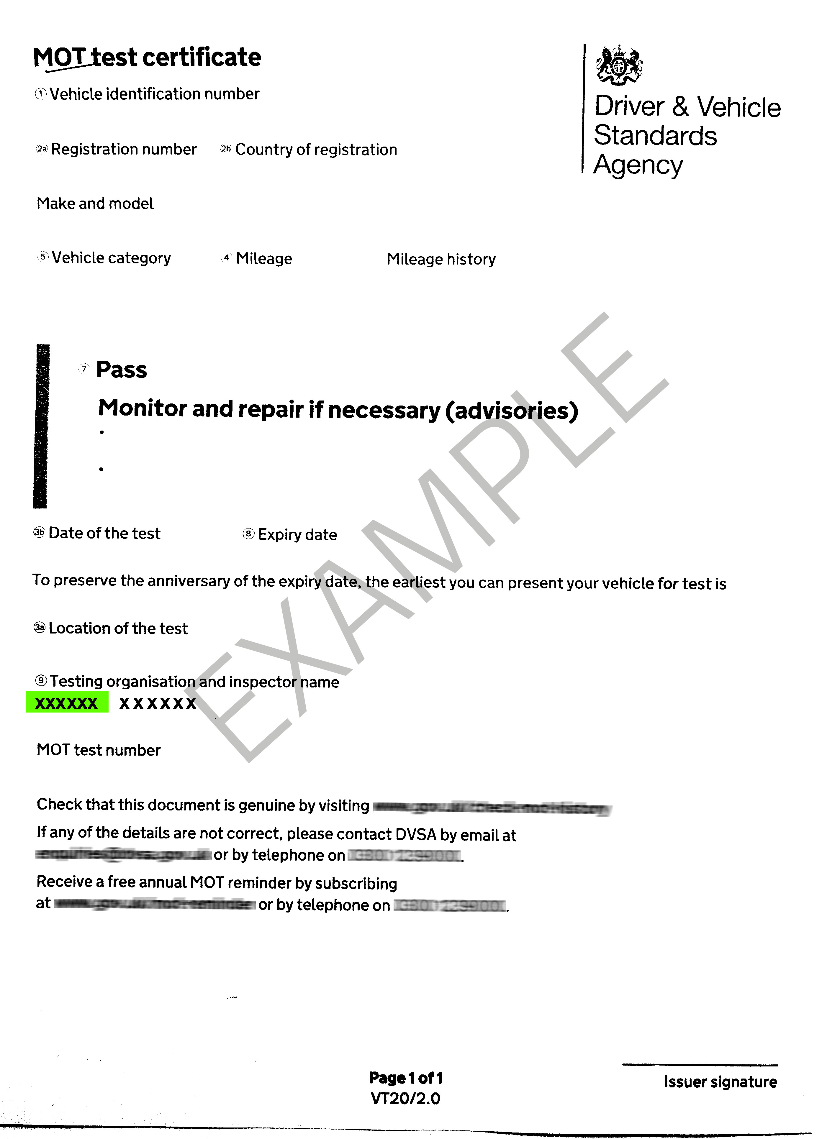 Location of MOT test stations number on the test certificate paperwork